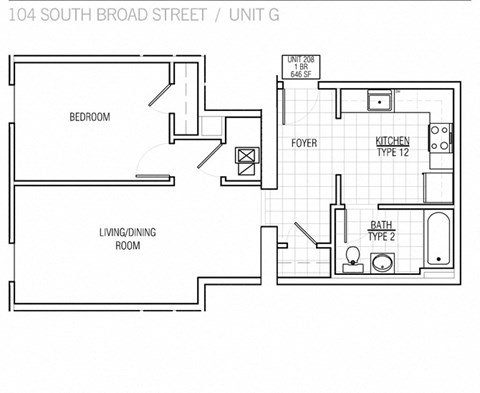 Floor plan for 1 bed, 1 bath